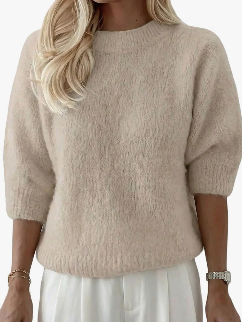 Beige Fuzzy Knit Women's Sweater - Lightweight Crewneck